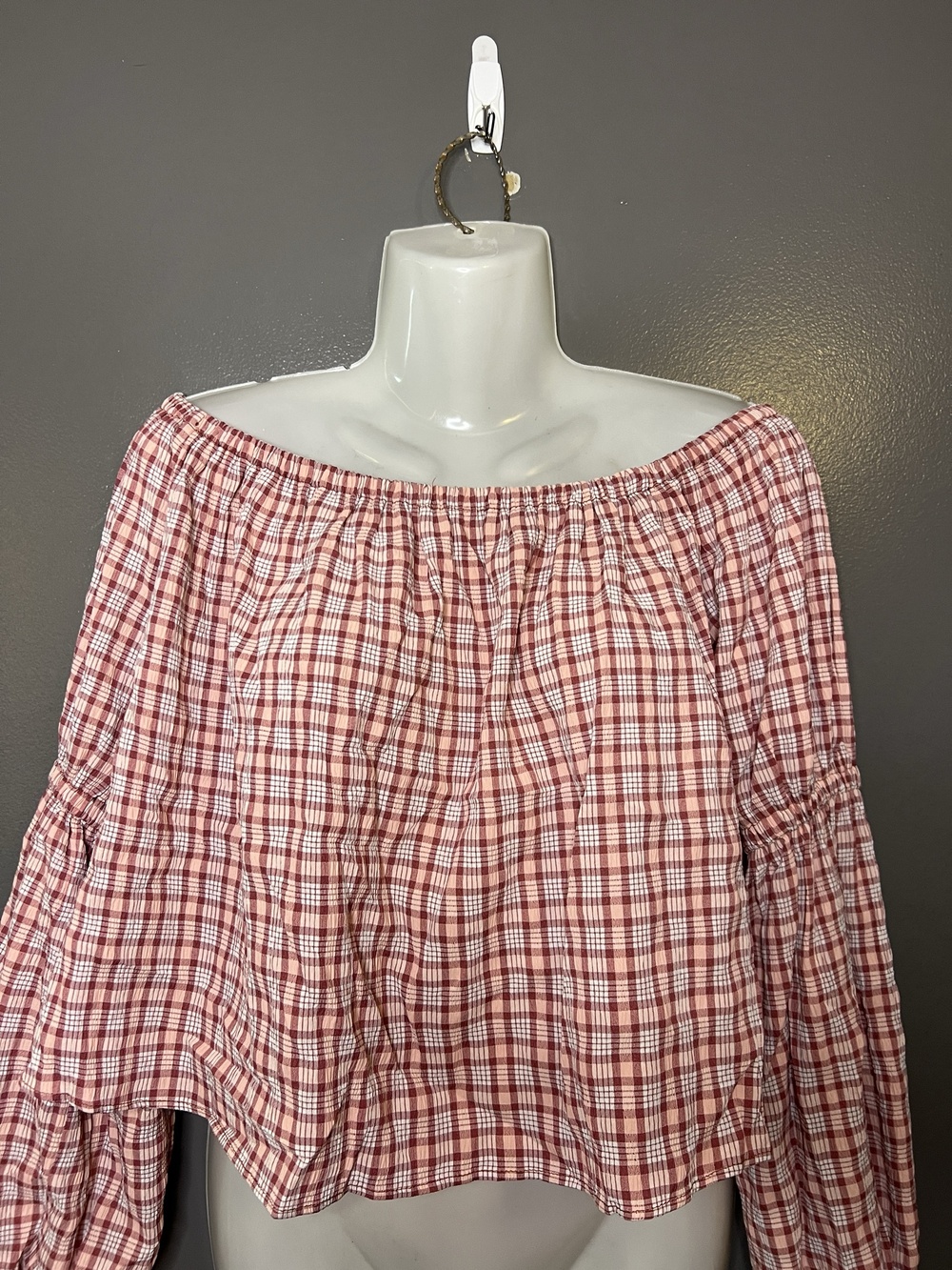 Topshop Blouse Womens 8 Red Plaid Off Shoulder Balloon Sleeve Cropped Top Boho